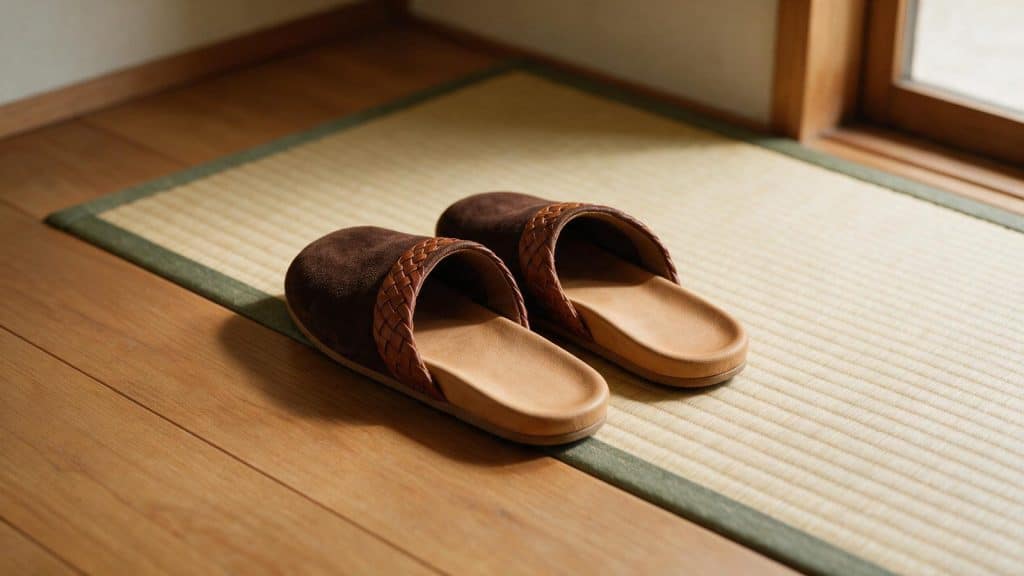Guest slippers left neatly at the edge of a tatami mat