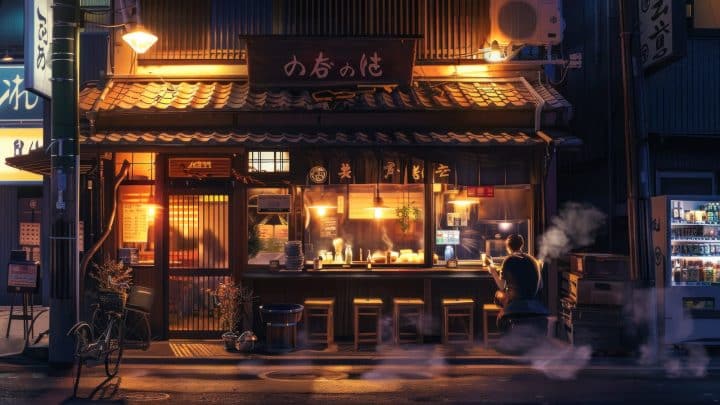 A small Japanese restaurant lit up at night