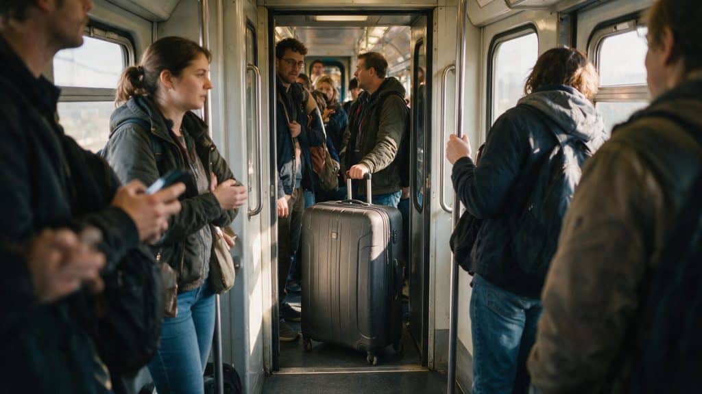 A large suitcase filling the doorway vestibule of a busy commuter train