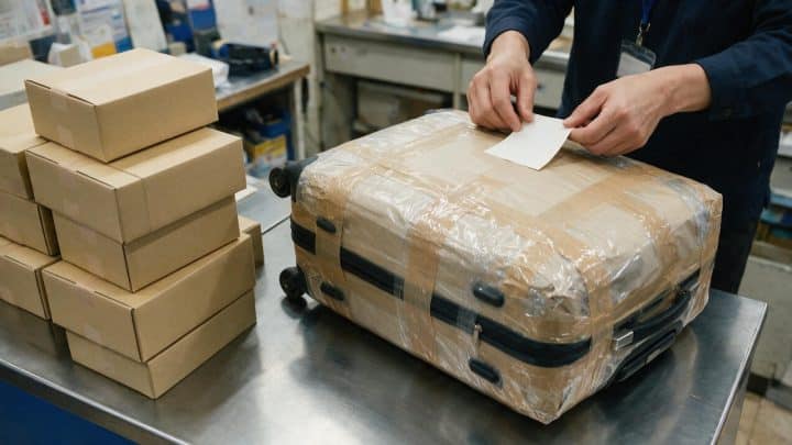 Cardboard parcels and a wrapped suitcase on a shipping counter in Japan