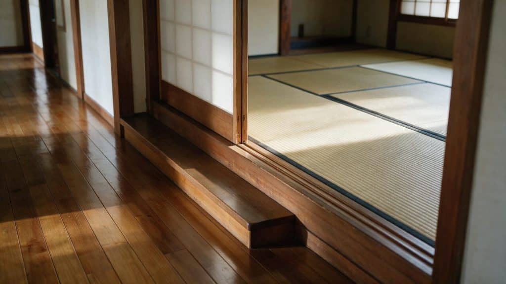 The low step between a wooden corridor and a tatami mat room