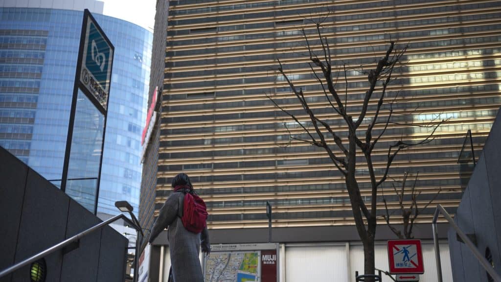The exit of a local railway station in Tokyo