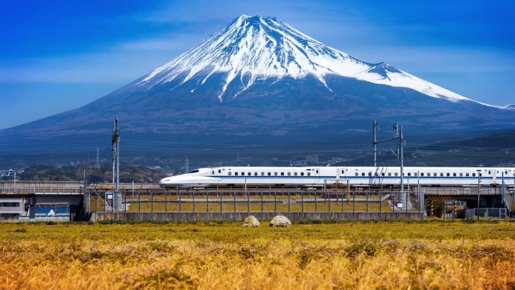 A train running past Mount Fuji in Shizuoka, Japan