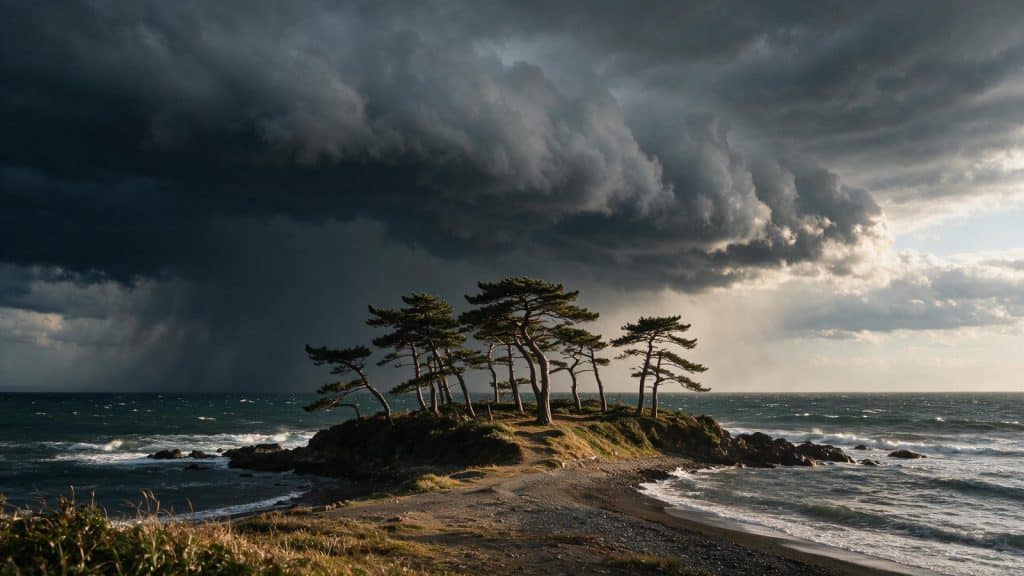 A dark storm front building over a Japanese coastline