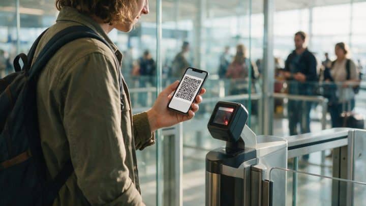 A traveller holding up a phone showing a QR code at an automated airport gate