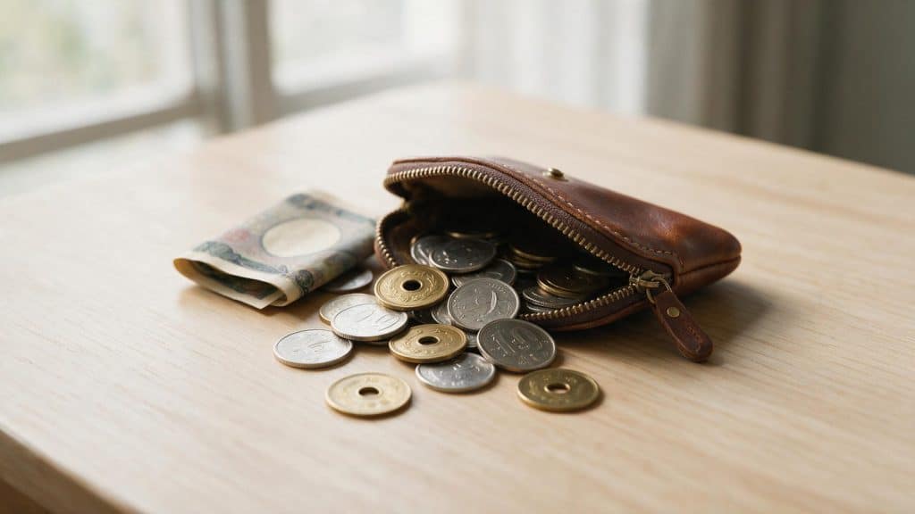 An open coin purse with Japanese coins spilling onto a wooden table