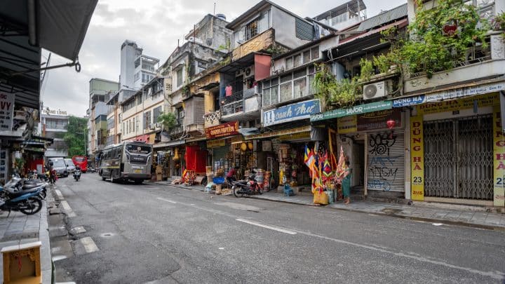 Shops and street life in Hanoi's Old Quarter walking street