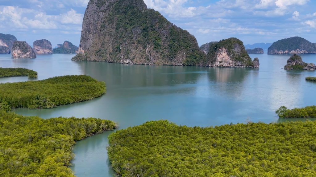 Aerial view of mangroves and limestone cliffs in Phang Nga Bay on the Andaman coast