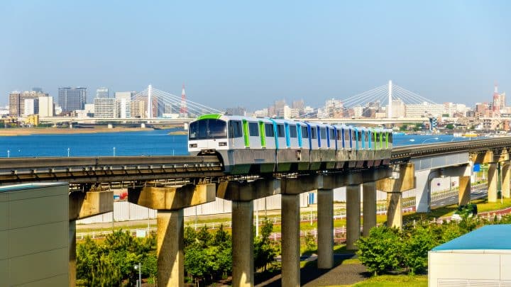 A Tokyo Monorail train on the elevated track at Haneda Airport