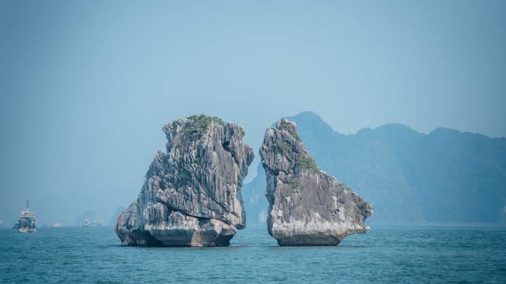 The Kissing Rocks limestone islets in Ha Long Bay, Vietnam