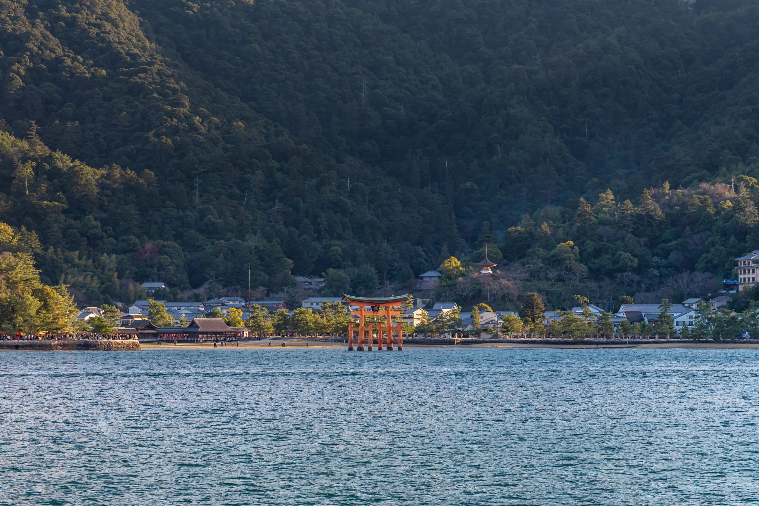 The floating O-Torii gate of Itsukushima Shrine seen from the Miyajima ferry