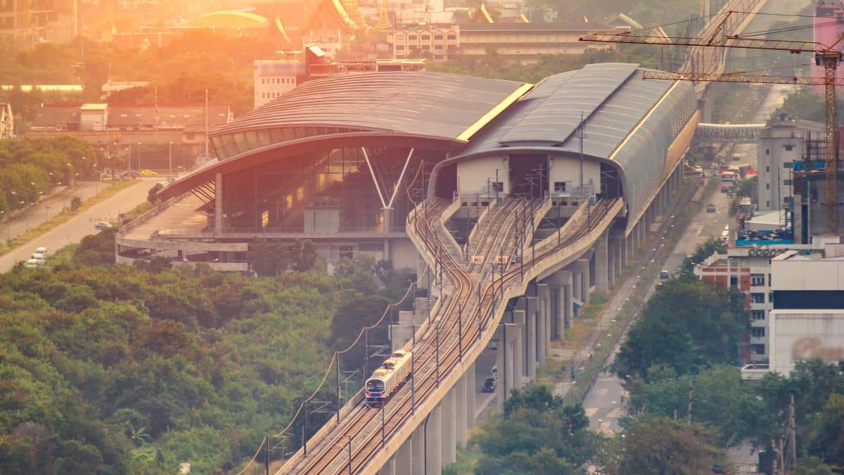 Bangkok Airport Rail Link train on the elevated track between Suvarnabhumi and the city