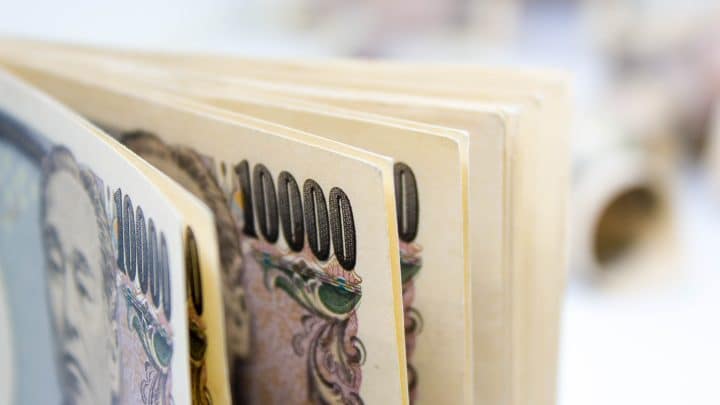 Close-up of Japanese 10,000-yen banknotes