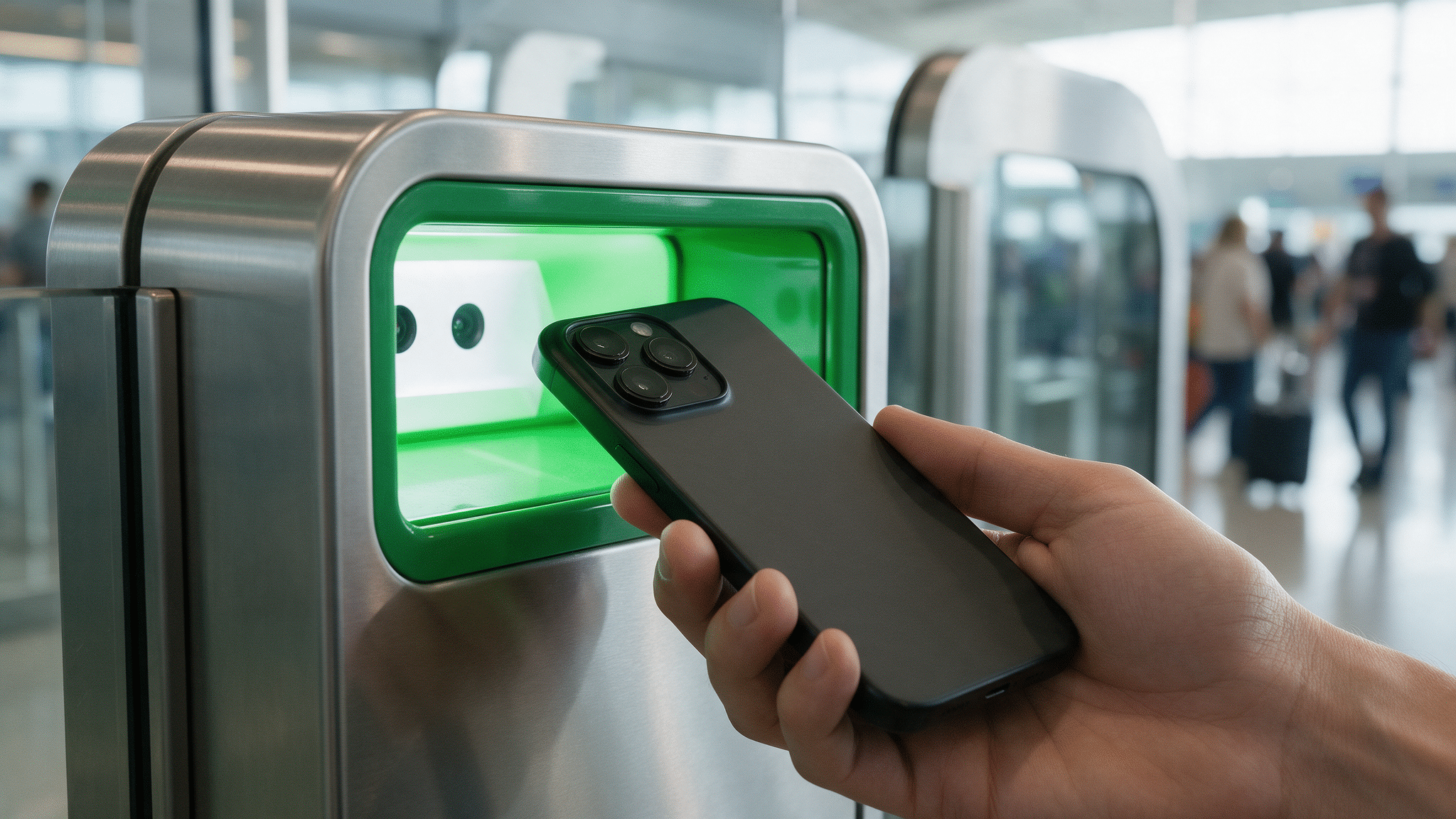 A traveler holding a smartphone up to the scanner of an automated customs gate in an airport arrivals hall