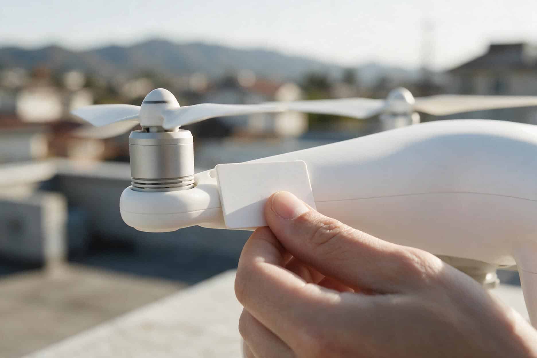 Close-up of a hand attaching a small identification plate to the side arm of a white consumer drone before flight