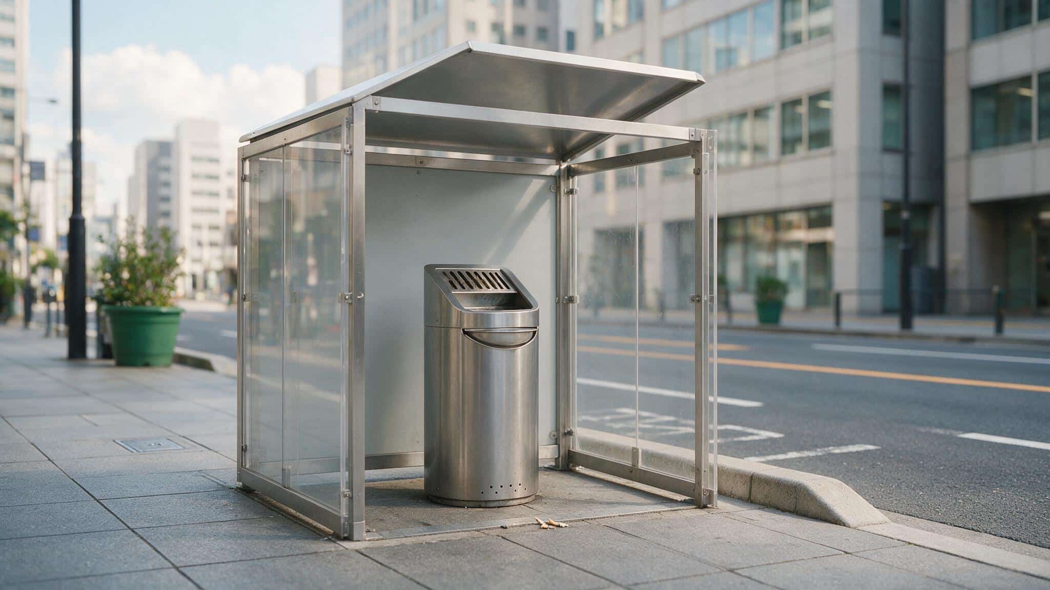 An enclosed outdoor smoking booth with a standing ashtray on a Japanese city sidewalk