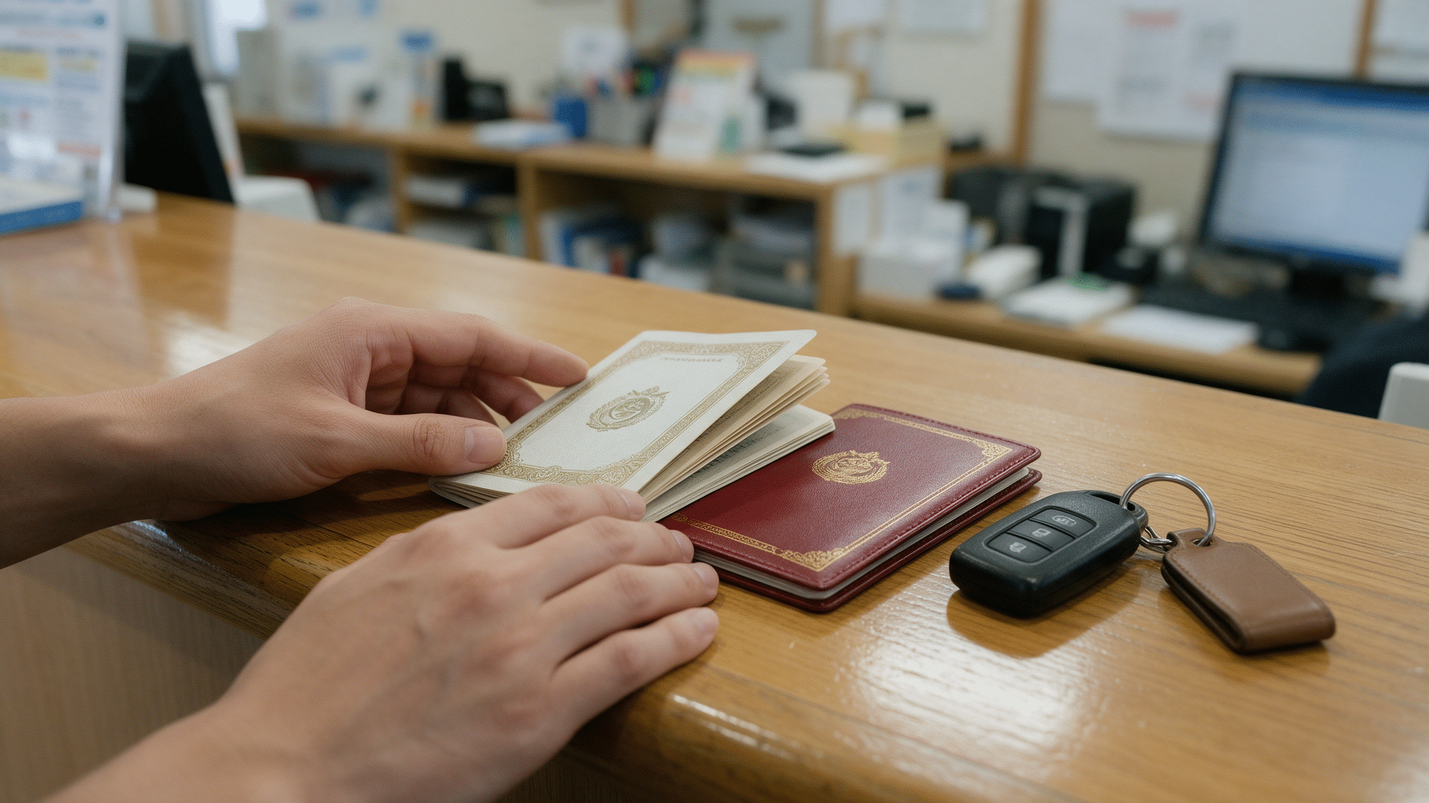 Hands placing an international driving permit booklet and a passport next to a car key on a rental counter