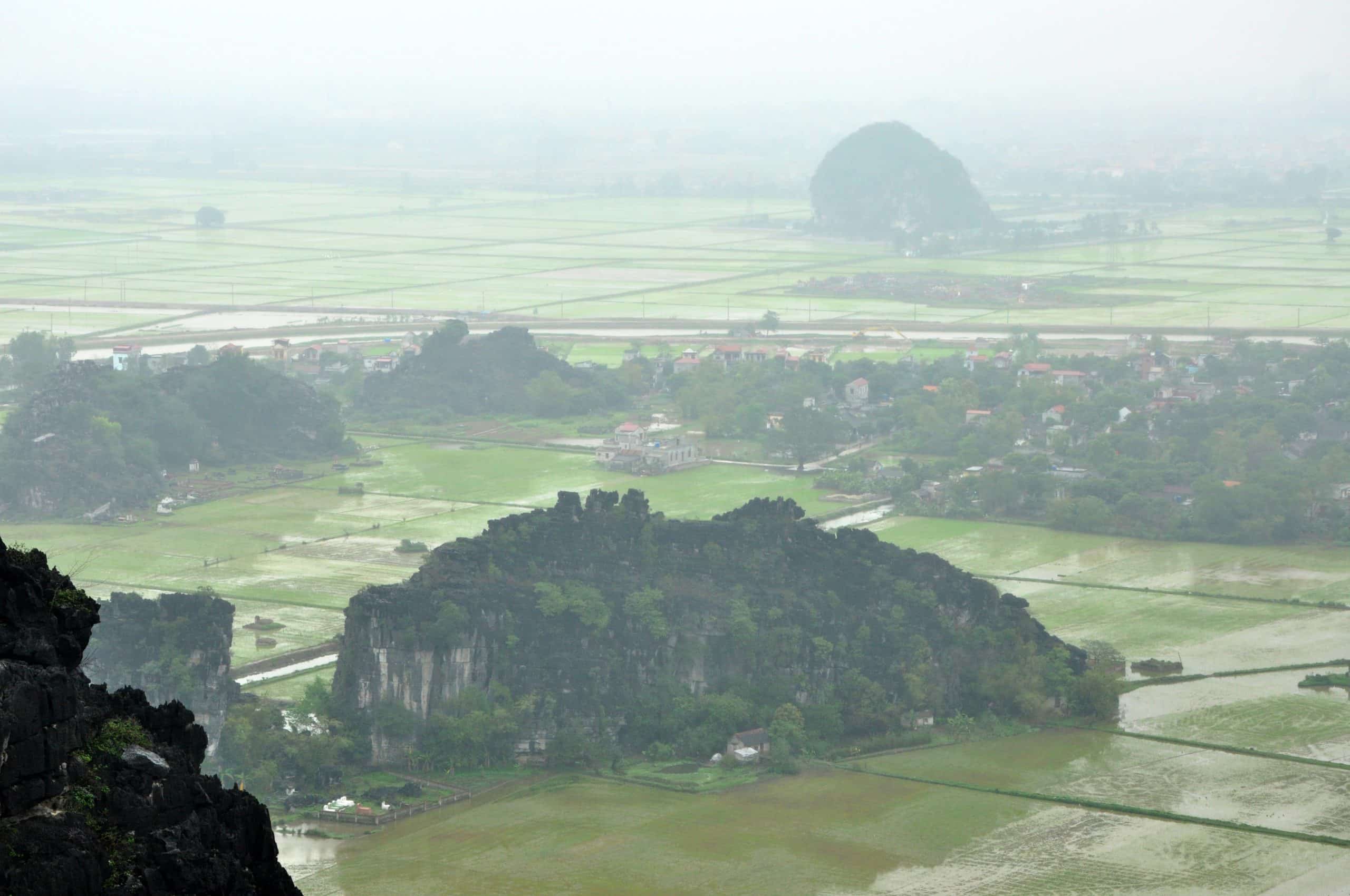 Panorama of rice fields and limestone peaks seen from the Hang Mua viewpoint near Tam Coc, Ninh Binh