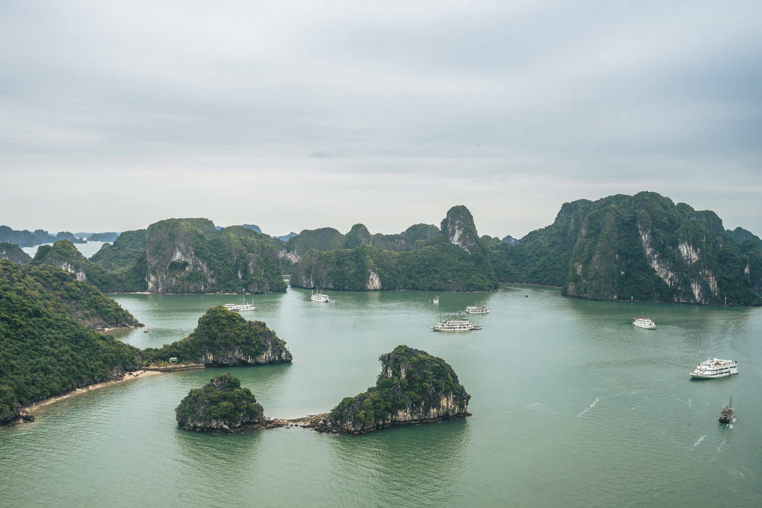 Cruise boats moored among the limestone karsts of Ha Long Bay