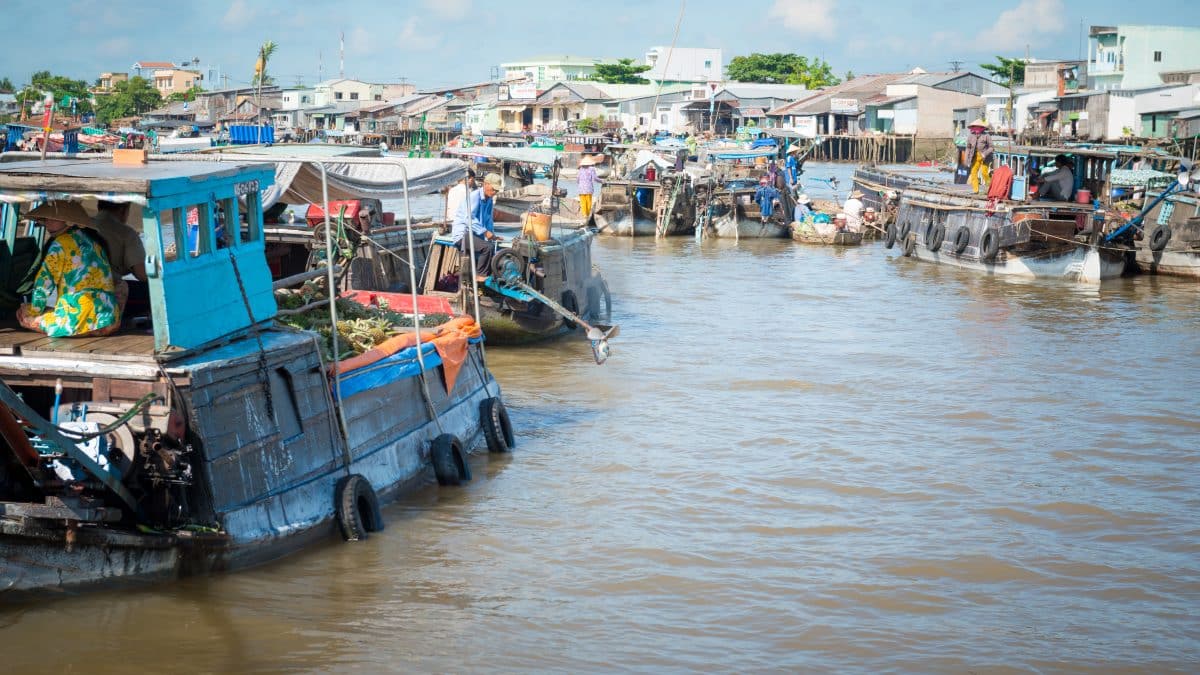 Boats loaded with fruit and vegetables at a Mekong Delta floating market