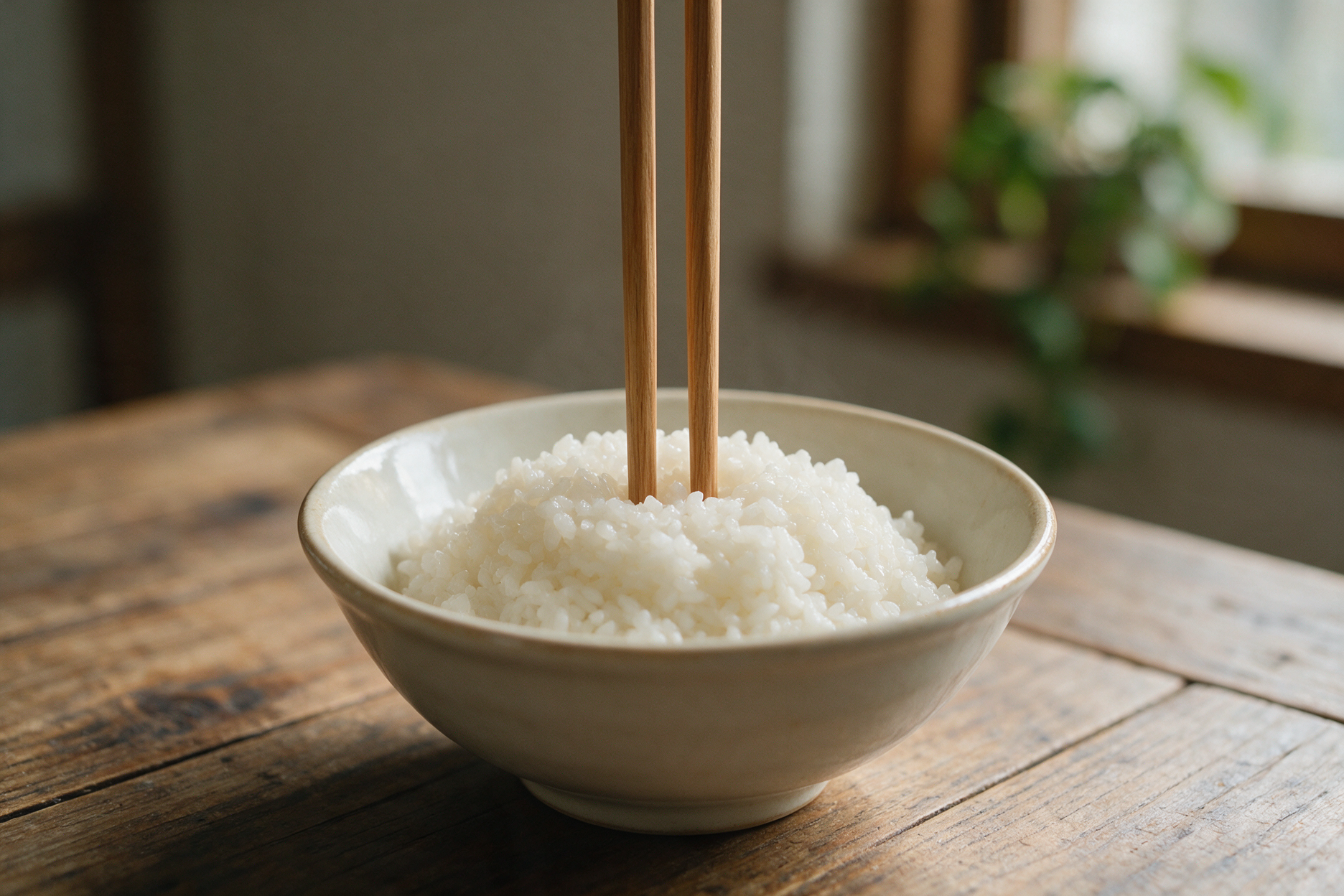 A pair of wooden chopsticks standing upright in a bowl of steamed white rice on a wooden table, illustrating the tate-bashi taboo